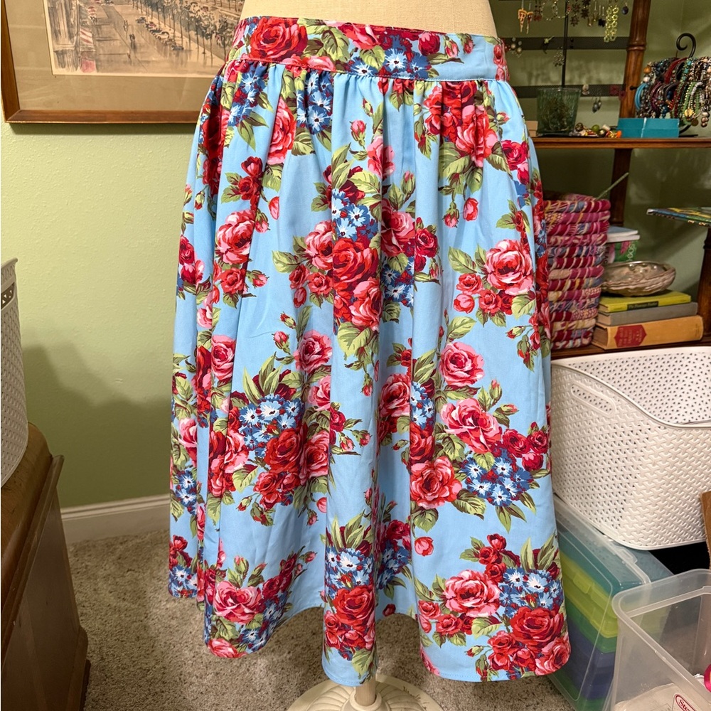 Vixen by Micheline Pitt Floral A-Line Skirt in Blue and Red - Picture 2 of 5